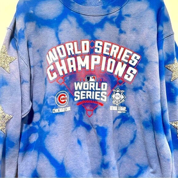 Chicago Cubs Hoodie Sweatshirt World Series 2016 Women Bleached Rhinestone Stars - Picture 3 of 9